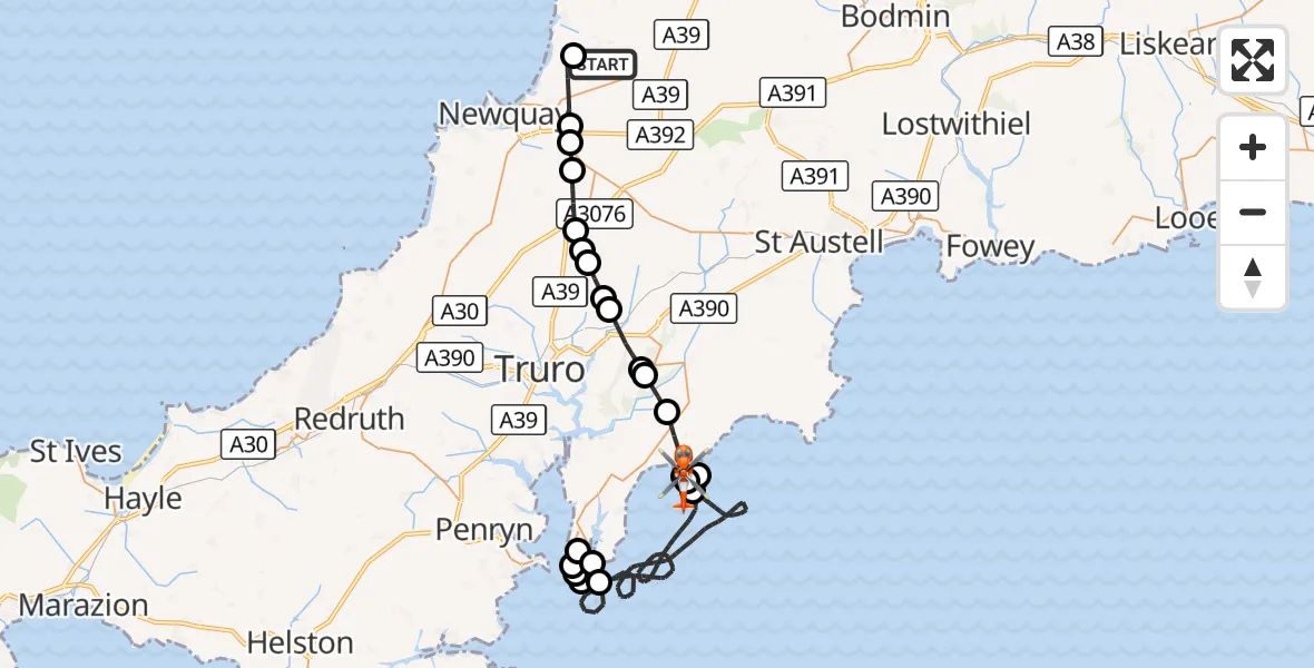 Flight route Coastguard Helicopter Cornwall Airport Newquay - Veryan, 13 August 2026, 13:30