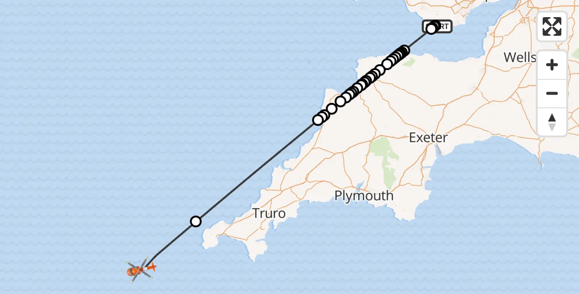 Flight route Coastguard Helicopter MOD St Athan - North Atlantic Ocean, 13 August 2026, 13:33