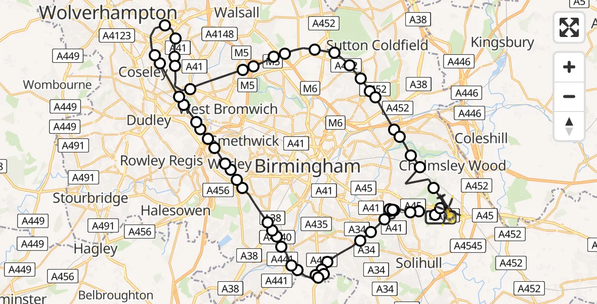 Flight route Police Helicopter Birmingham Airport - Birmingham Airport, 13 August 2026, 13:36