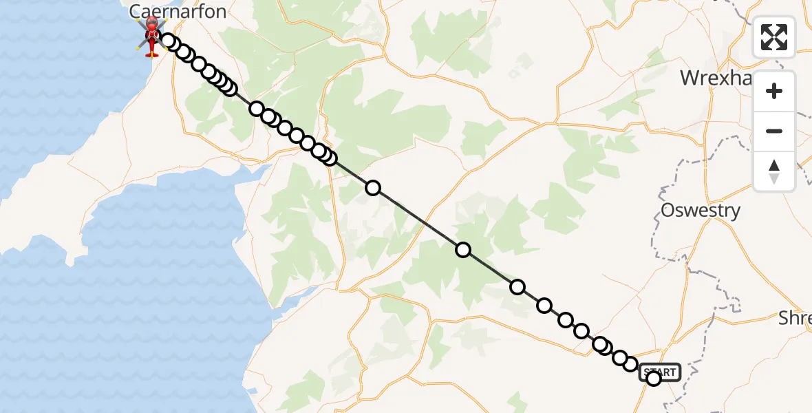 Flight route Air Ambulance Helicopter Welshpool Airport - Caernarfon Airport, 13 August 2026, 13:43