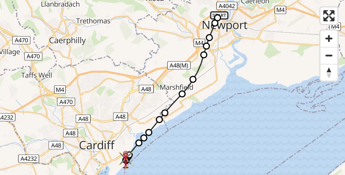 Flight route Air Ambulance Helicopter Crindau - Cardiff Heliport, 13 August 2026, 13:46