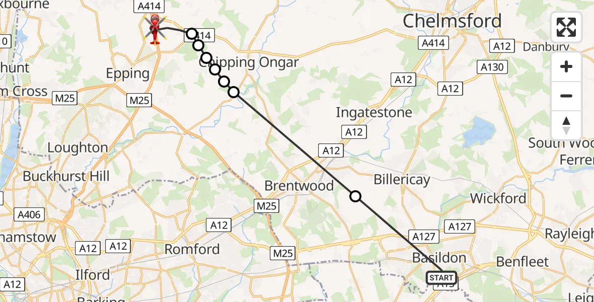 Flight route Air Ambulance Helicopter Basildon - North Weald Bassett, 13 August 2026, 13:54