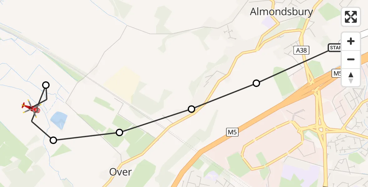 Flight route Air Ambulance Helicopter Almondsbury Helicopter Base - Patchway, 13 August 2026, 13:55