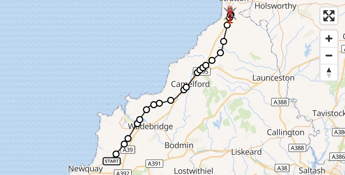 Flight route Air Ambulance Helicopter Cornwall Airport Newquay - Marhamchurch, 13 August 2026, 13:56