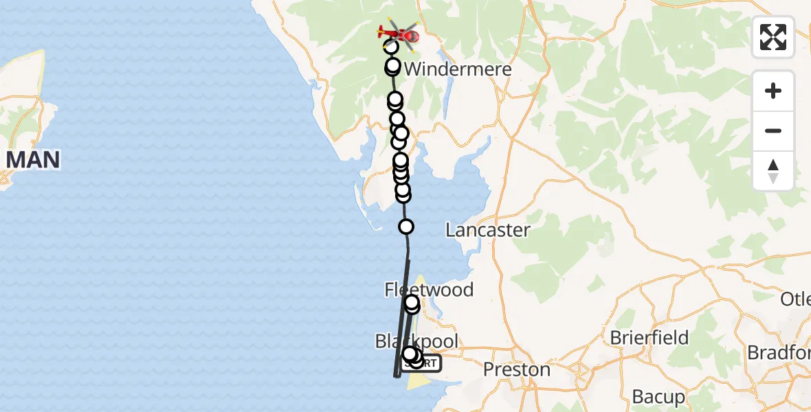 Flight route Air Ambulance Helicopter Blackpool Airport - Lakes, 13 August 2026, 14:00