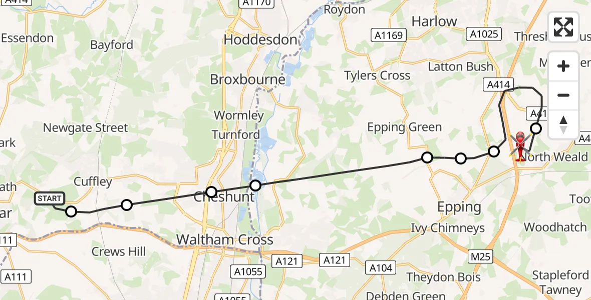 Flight route Air Ambulance Helicopter Northaw - North Weald Airfield, 13 August 2026, 14:05