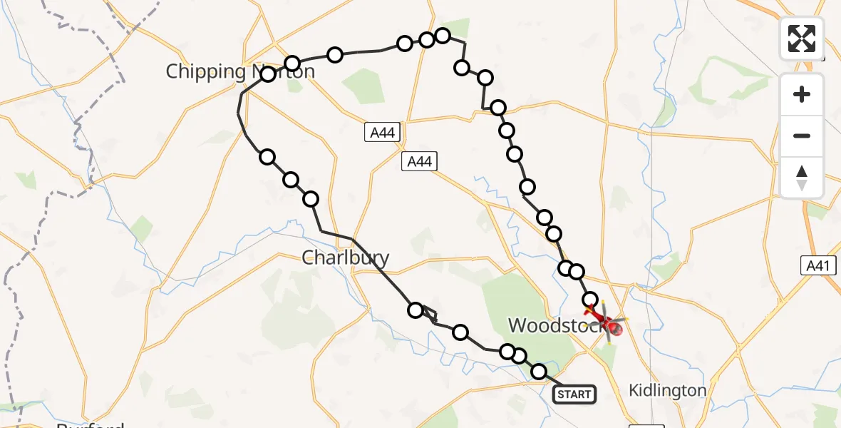 Flight route Air Ambulance Helicopter Bladon - Shipton-on-Cherwell, 13 August 2026, 14:15