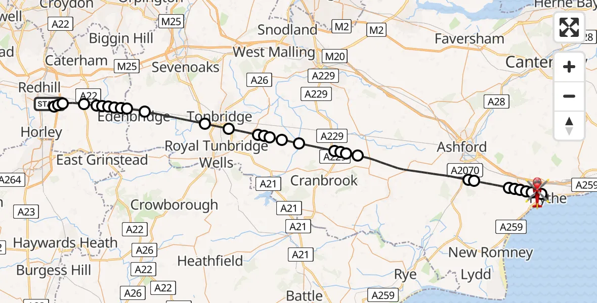 Flight route Air Ambulance Helicopter Redhill Aerodrome - Hythe, 13 August 2026, 14:20