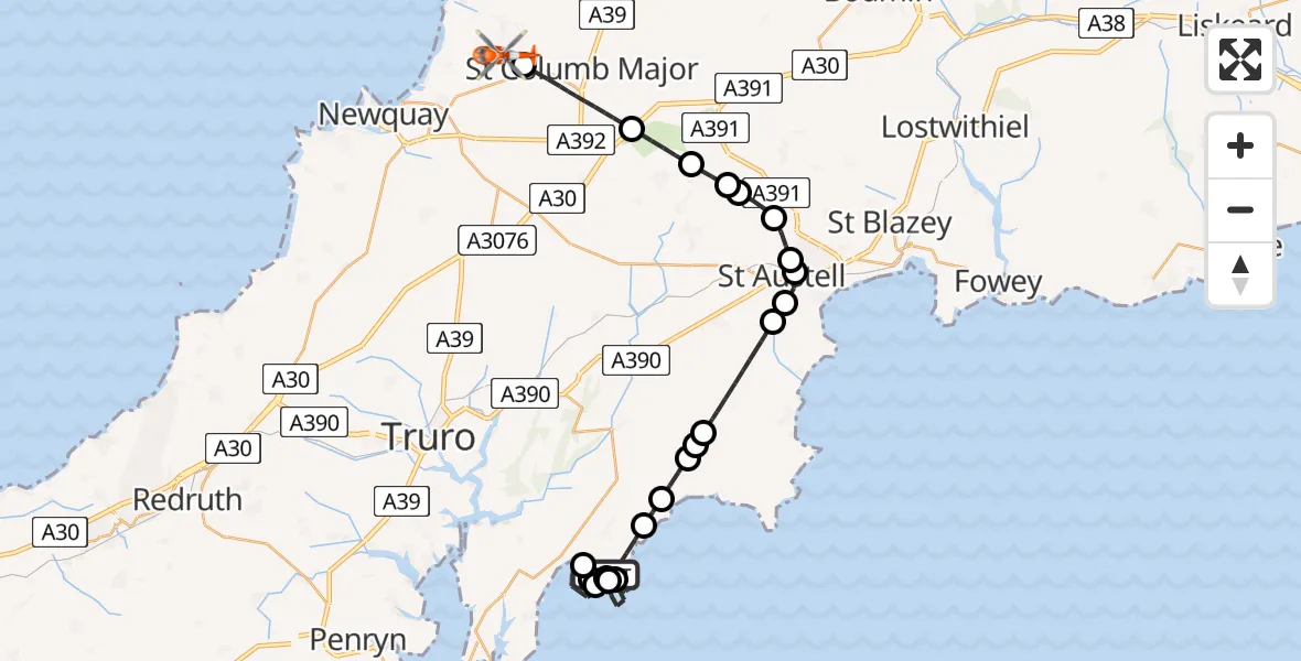 Flight route Coastguard Helicopter Veryan - Cornwall Airport Newquay, 13 August 2026, 14:24