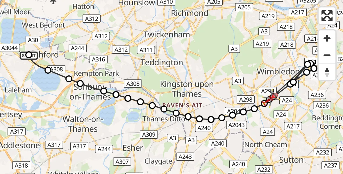 Flight route Air Ambulance Helicopter Ashford - Merton Park, 13 August 2026, 14:30