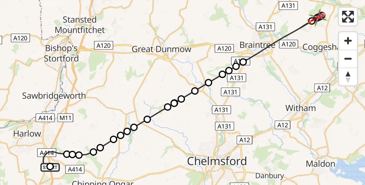 Flight route Air Ambulance Helicopter North Weald Airfield - Braintree, 13 August 2026, 14:33