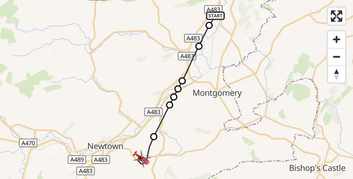 Flight route Air Ambulance Helicopter Welshpool Airport - Ceri, 13 August 2026, 14:34
