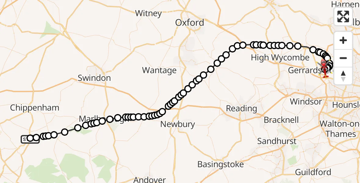 Flight route Air Ambulance Helicopter Wiltshire Air Ambulance - Denham Aerodrome, 13 August 2026, 14:37