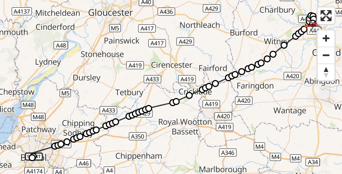 Flight route Air Ambulance Helicopter Bristol Royal Infirmary - London Oxford Airport, 13 August 2026, 15:01