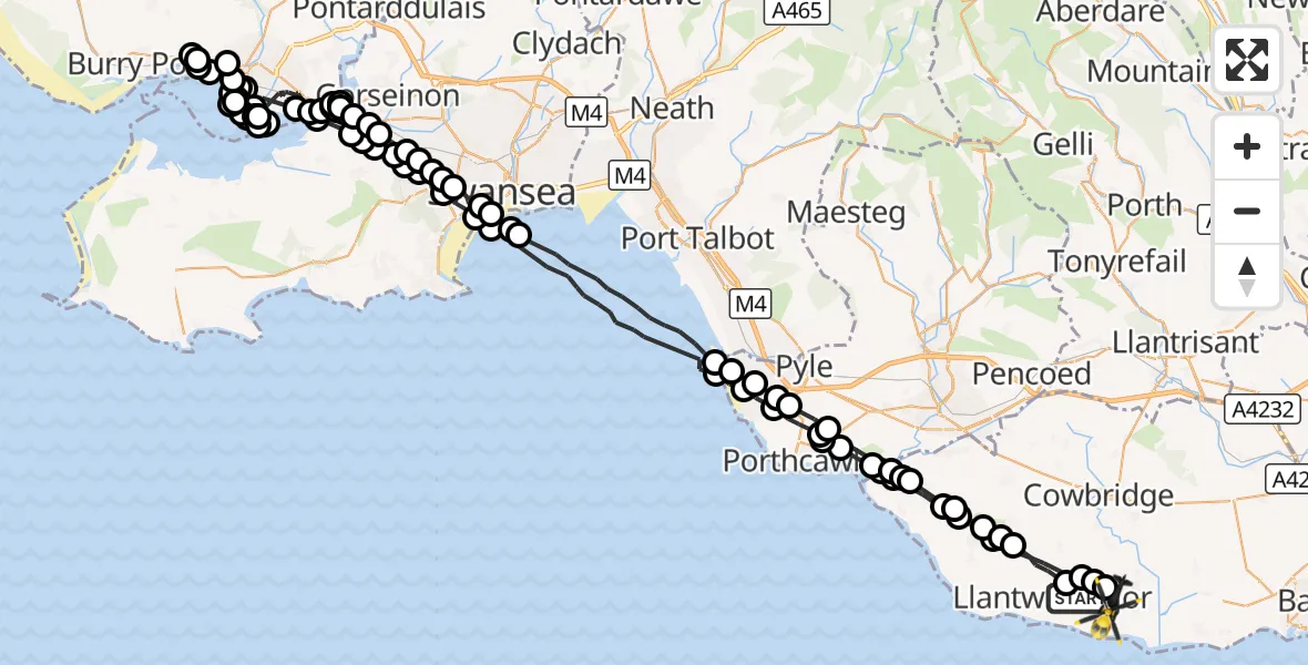 Flight route Police Helicopter Boverton - MOD St Athan, 13 August 2026, 15:05