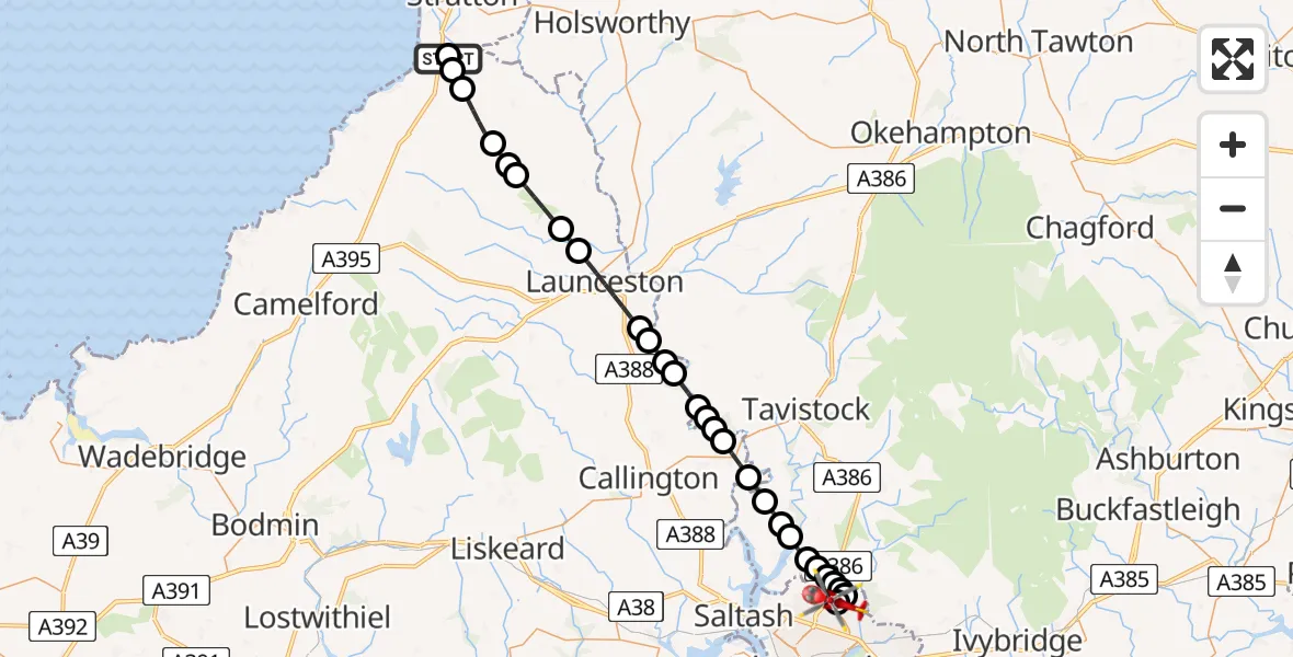 Flight route Air Ambulance Helicopter Widemouth Bay - Derriford Hospital, 13 August 2026, 15:11