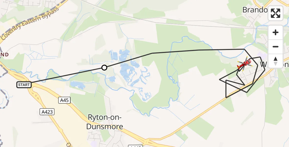 Flight route Air Ambulance Helicopter Rugby - Rugby, 13 August 2026, 15:13