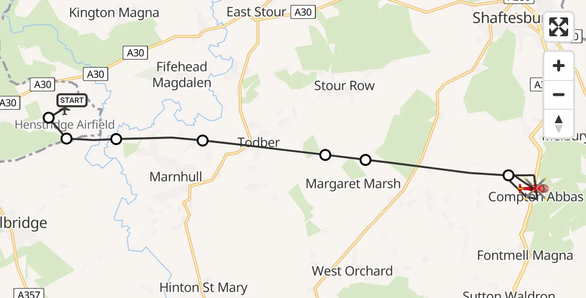 Flight route Air Ambulance Helicopter Henstridge Airfield - Compton Abbas, 13 August 2026, 15:15