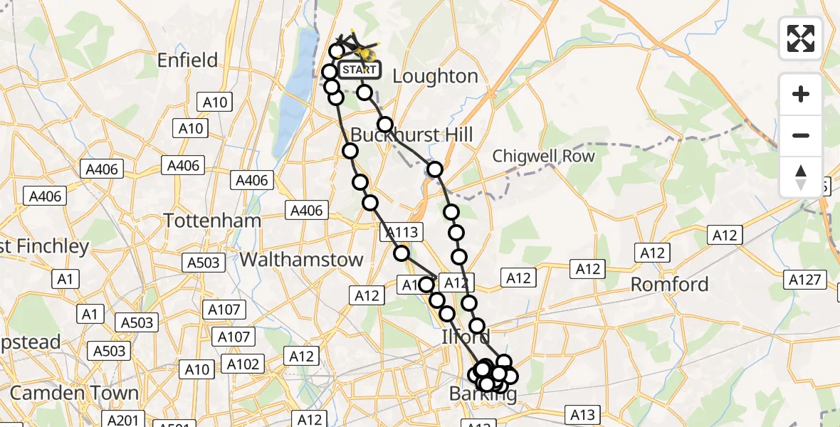 Flight route Police Helicopter Sewardstonebury - Sewardstonebury, 13 August 2026, 15:15