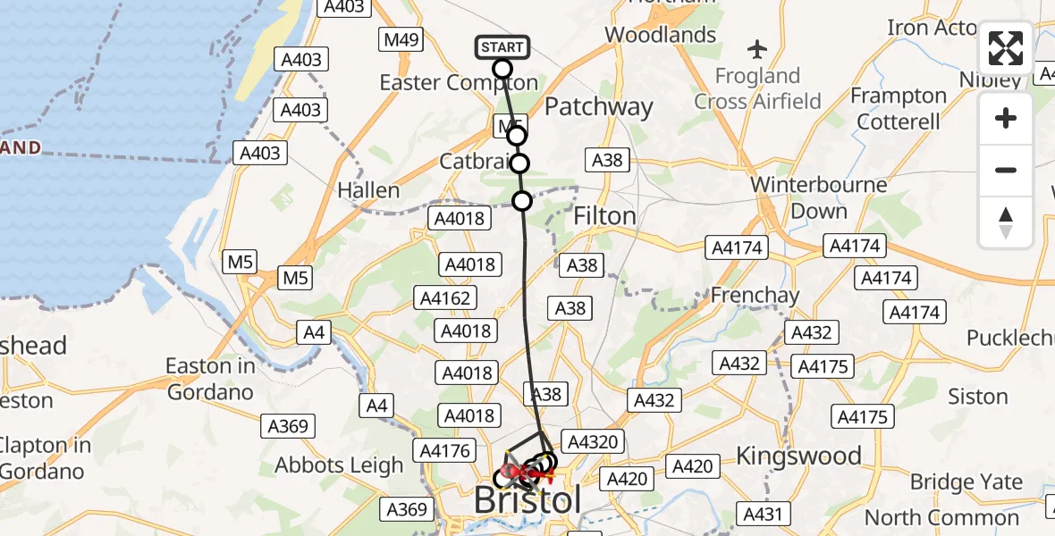 Flight route Air Ambulance Helicopter Easter Compton - Bristol Royal Infirmary, 13 August 2026, 15:16