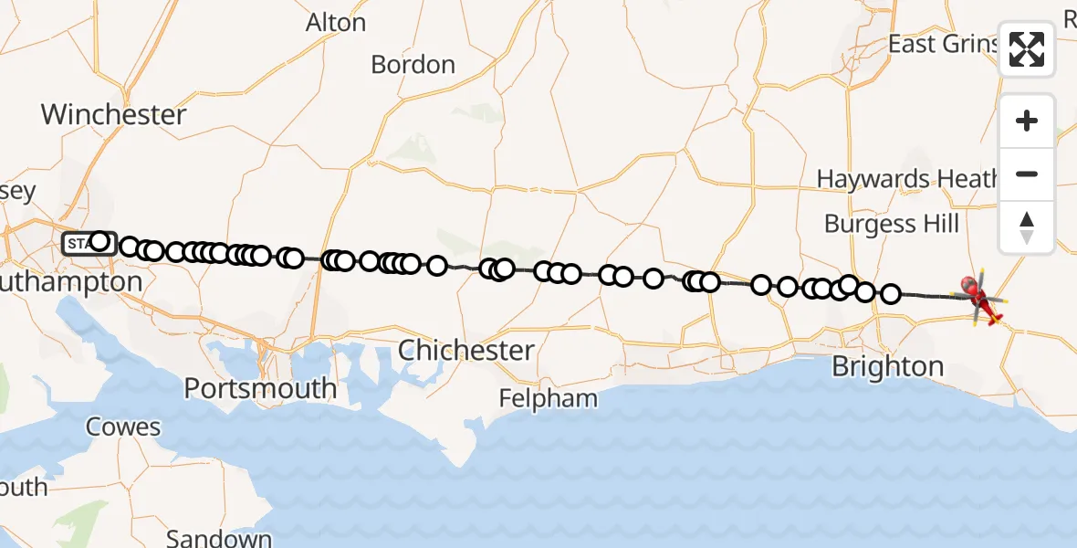 Flight route Air Ambulance Helicopter Hedge End - Lewes, 13 August 2026, 15:17