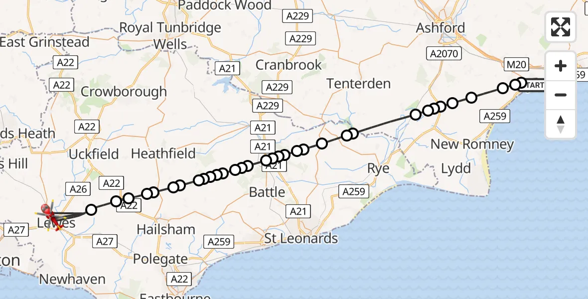 Flight route Air Ambulance Helicopter Hythe - Lewes, 13 August 2026, 15:21