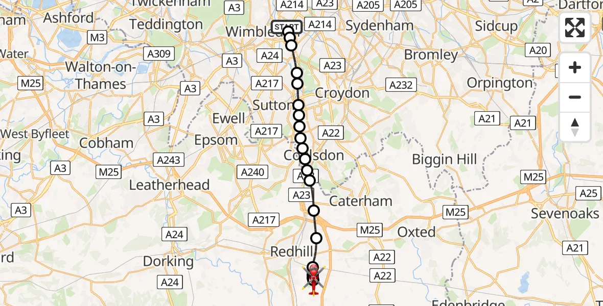 Flight route Air Ambulance Helicopter St Georges Hospital - Tandridge, 13 August 2026, 15:22