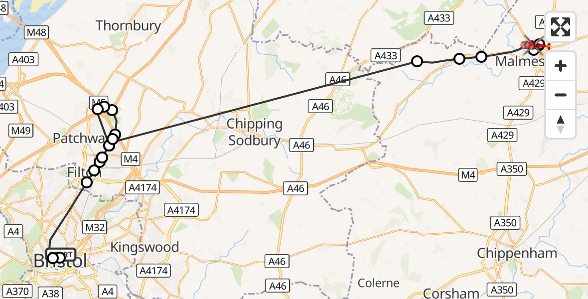 Flight route Air Ambulance Helicopter Bristol Royal Infirmary - Milbourne, 13 August 2026, 15:25
