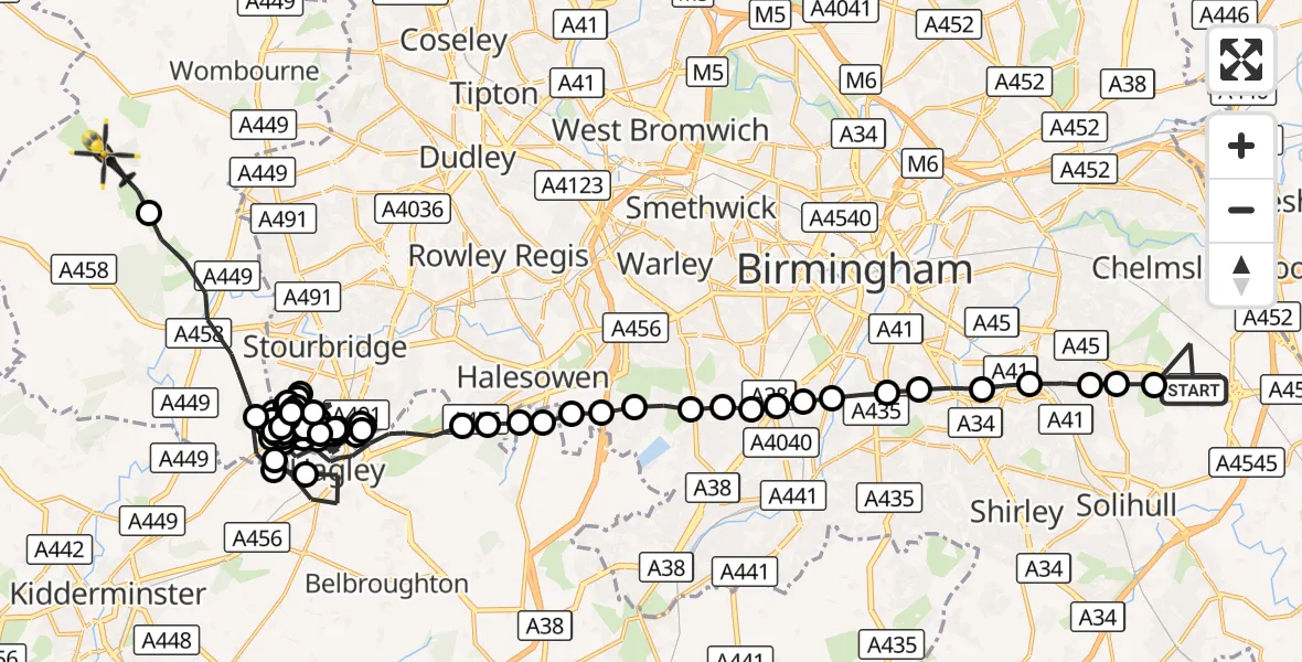 Flight route Police Helicopter Birmingham Airport - Enville, 13 August 2026, 15:26