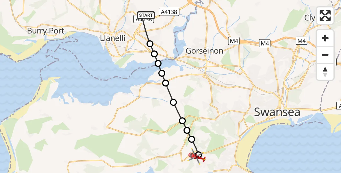 Flight route Air Ambulance Helicopter Dafen - Kittle, 13 August 2026, 15:30