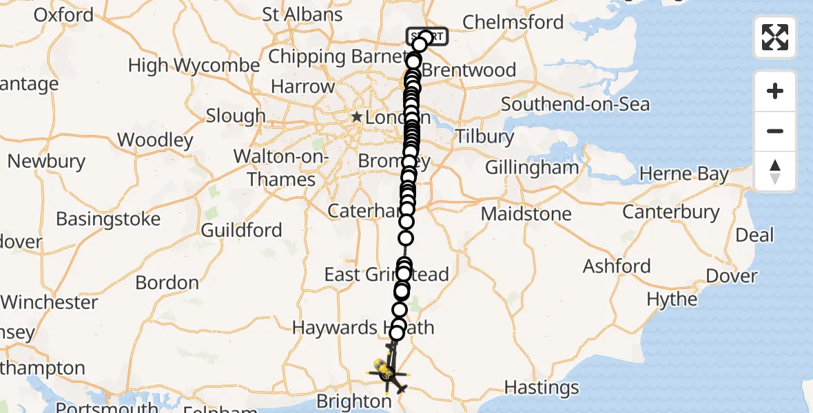 Flight route Police Helicopter Coopersale - Lewes, 13 August 2026, 15:30