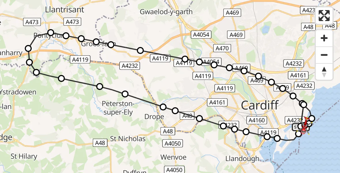 Flight route Air Ambulance Helicopter Cardiff Heliport - Cardiff Heliport, 13 August 2026, 15:36