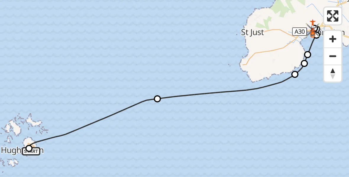 Flight route Coastguard Helicopter St. Mary's Airport - Penzance Heliport, 13 August 2026, 15:38
