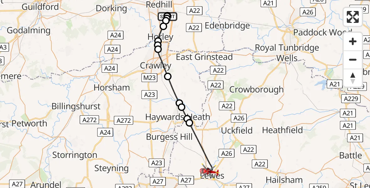 Flight route Air Ambulance Helicopter Redhill Aerodrome - Lewes, 13 August 2026, 15:39