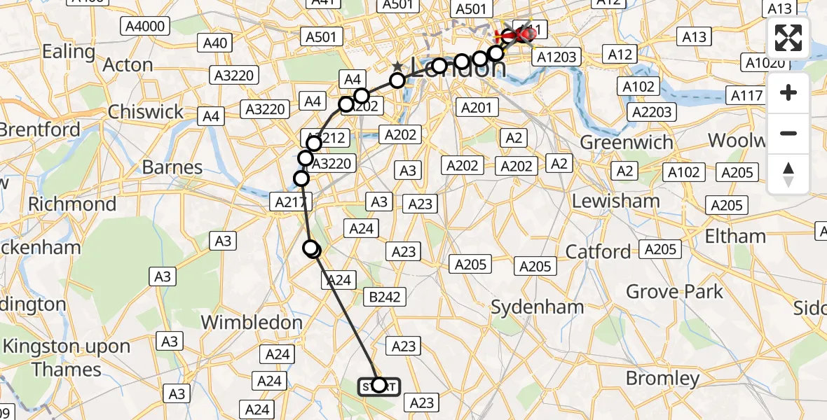 Flight route Air Ambulance Helicopter Pollards Hill - Whitechapel, 13 August 2026, 15:42