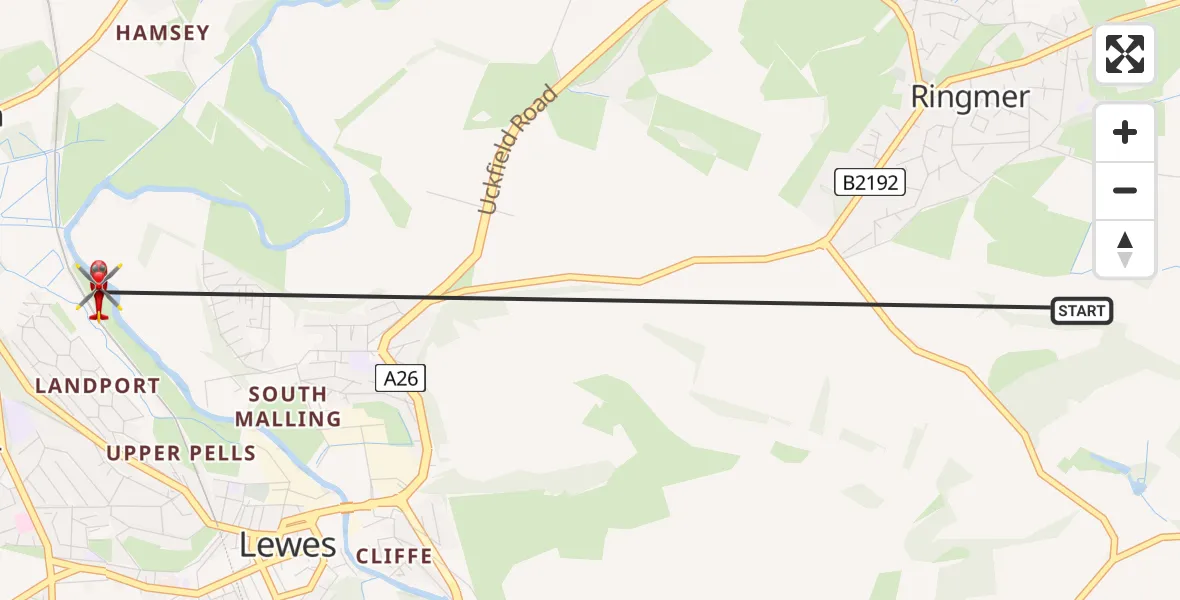 Flight route Air Ambulance Helicopter Lewes - Lewes, 13 August 2026, 15:45