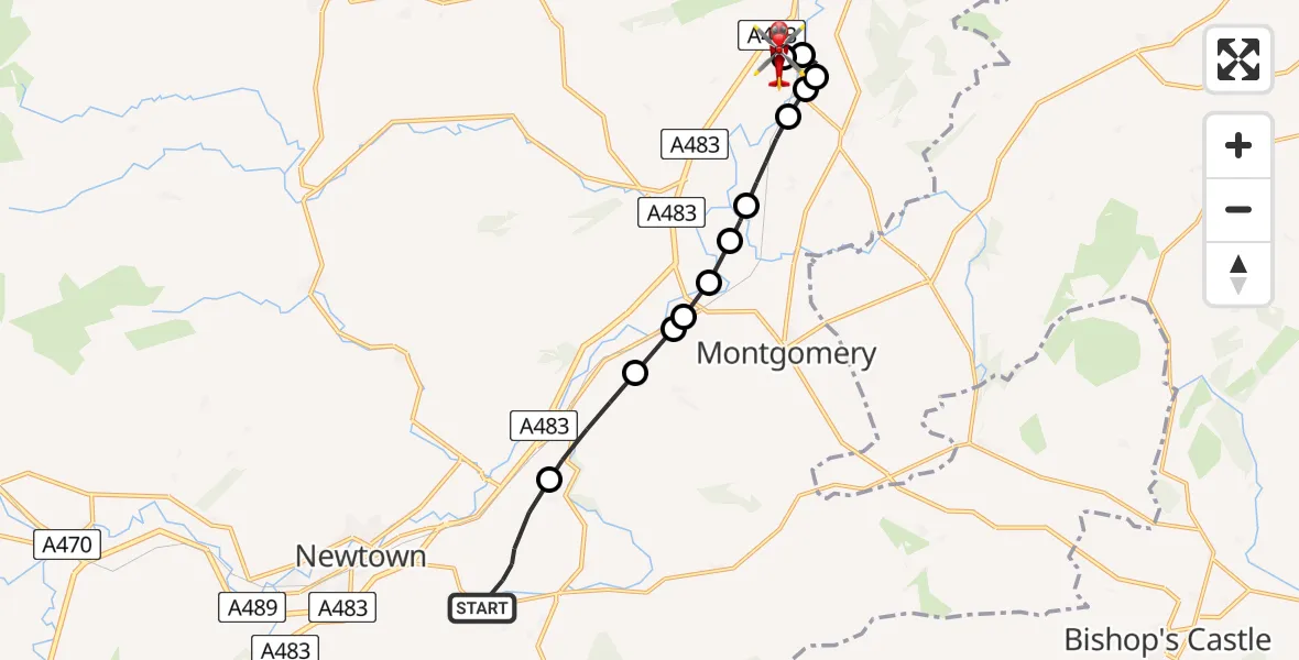 Flight route Air Ambulance Helicopter Ceri - Welshpool Airport, 13 August 2026, 15:46