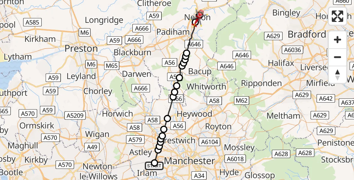 Flight route Air Ambulance Helicopter Manchester Barton Aerodrome - Brierfield, 13 August 2026, 15:50