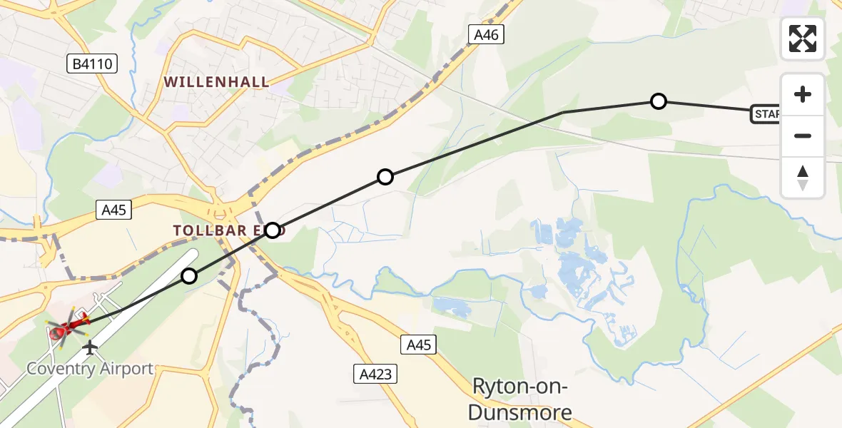 Flight route Air Ambulance Helicopter Rugby - Coventry Airport, 13 August 2026, 15:53
