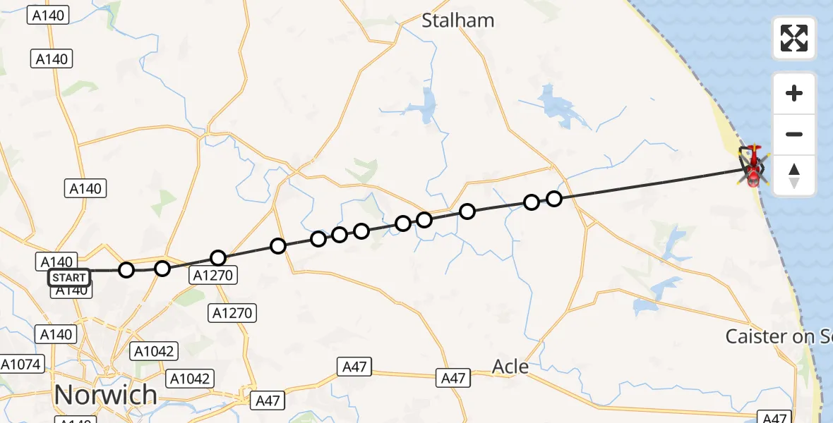 Flight route Air Ambulance Helicopter Norwich Airport - Great Yarmouth, 13 August 2026, 15:53