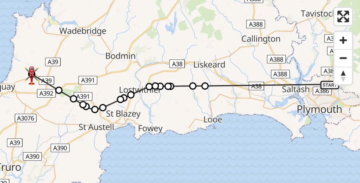 Flight route Air Ambulance Helicopter Derriford Hospital - Cornwall Airport Newquay, 13 August 2026, 16:10
