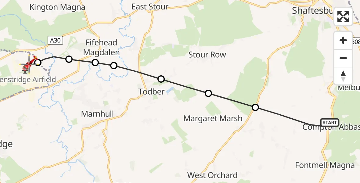 Flight route Air Ambulance Helicopter Compton Abbas - Henstridge Airfield, 13 August 2026, 16:19