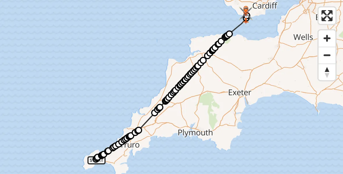 Flight route Coastguard Helicopter Penzance Heliport - MOD St Athan, 13 August 2026, 16:24