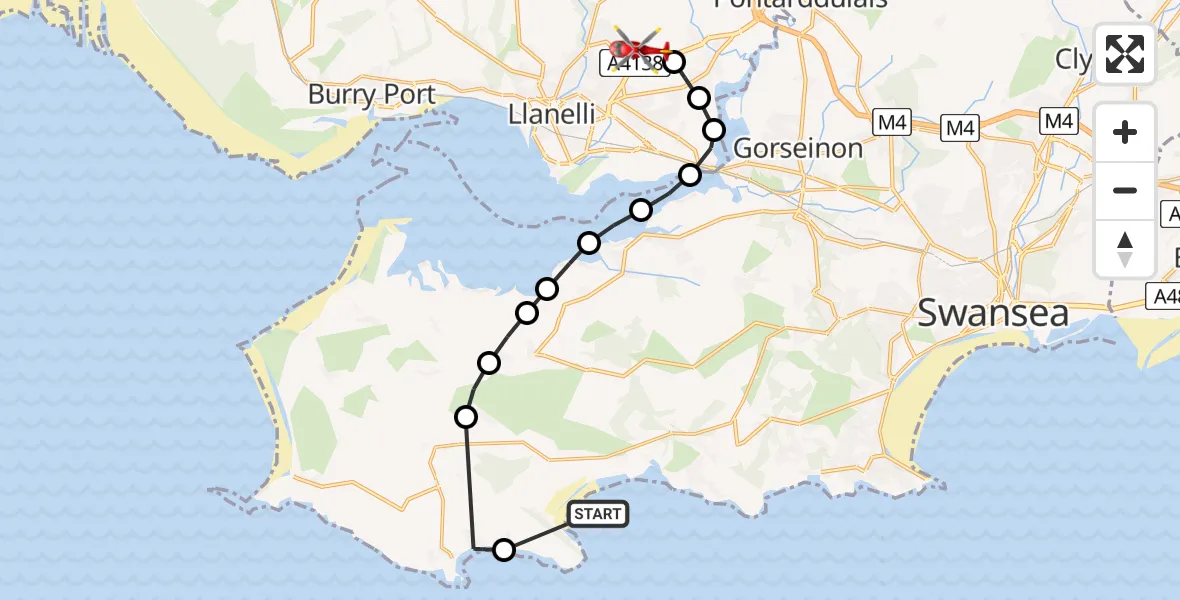 Flight route Air Ambulance Helicopter Penmaen - Dafen, 13 August 2026, 16:44