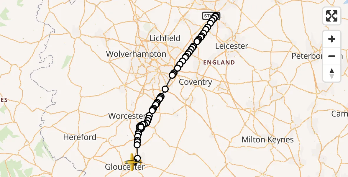 Flight route Police Aircraft East Midlands Airport - Tewkesbury, 13 August 2026, 16:44