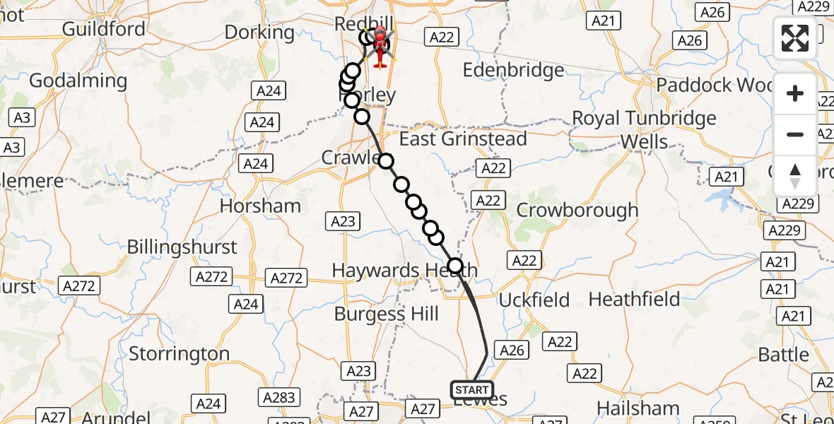 Flight route Air Ambulance Helicopter Lewes - Redhill Aerodrome, 13 August 2026, 16:50