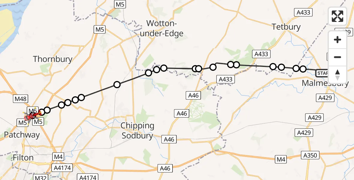 Flight route Air Ambulance Helicopter Malmesbury - Almondsbury Helicopter Base, 13 August 2026, 16:55
