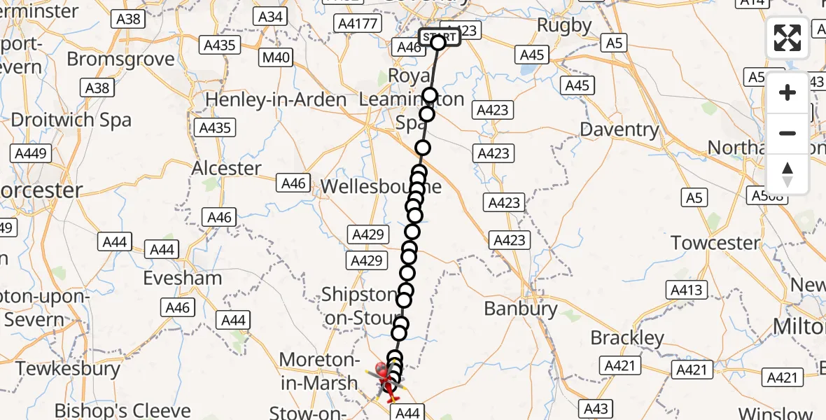 Flight route Air Ambulance Helicopter Coventry Airport - Long Compton, 13 August 2026, 17:04