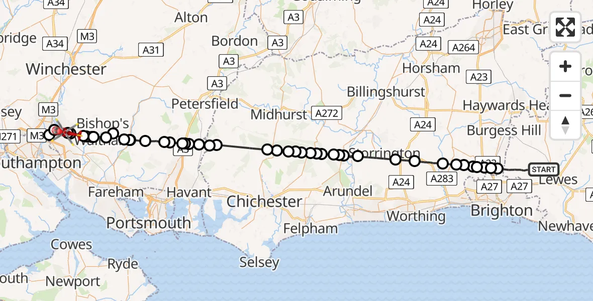 Flight route Air Ambulance Helicopter Lewes - Eastleigh, 13 August 2026, 17:09