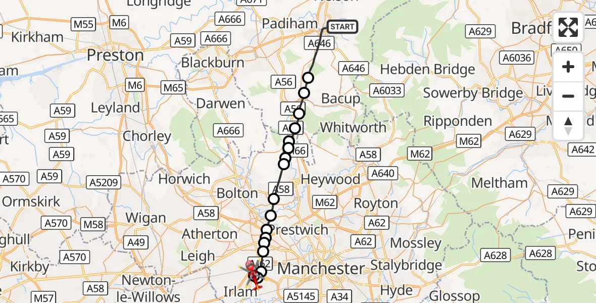 Flight route Air Ambulance Helicopter Burnley - Manchester Barton Aerodrome, 13 August 2026, 17:09